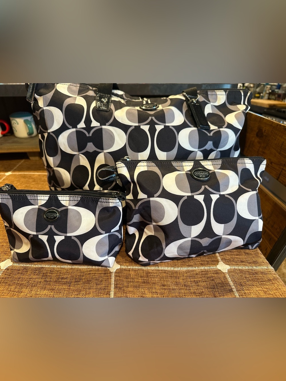 Coach Signature Logo Travel Tote Set in Black and Gray